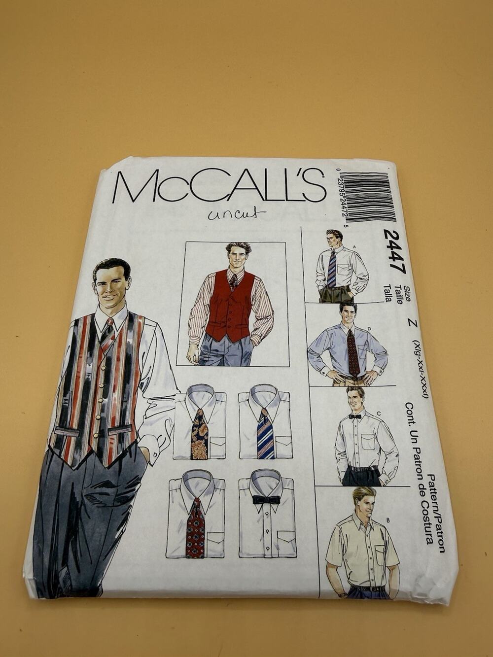 McCall’s 2447 Mens Shirt Vest Tie Bow Tie Sewing Pattern Size XL XXL UNCUT